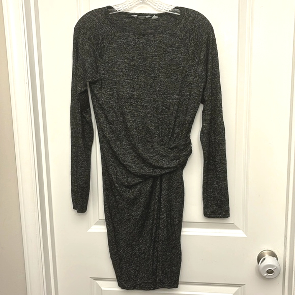 Athleta Faux Wrap Gray Black Midi Dress Stretchy Long Sleeve Lightweight XS